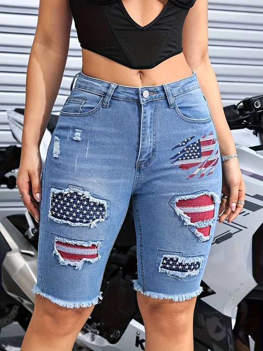 2025 Women's Patriotic Embroidered Jeans Tear Patch Retro Piercing Bottom Edge Detail American Flag Street Wear Shorts