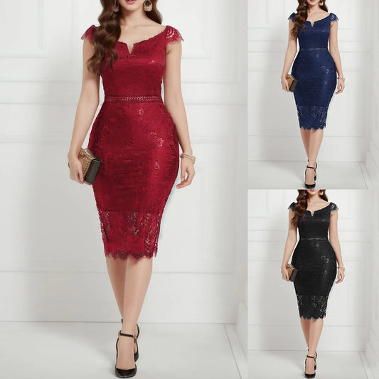 Elegant Lace Evening Dress Women Wedding Party V Neck Off Shoulder Dress Sexy Hollow Out Office Ladies Bodycon Formal Dresses